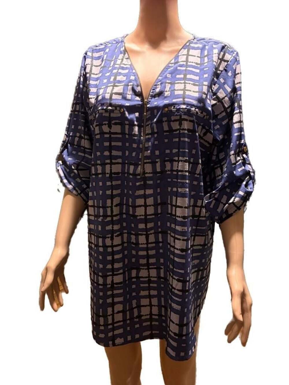 Mileage Blue Plaid Zip Front Tunic Top 2X